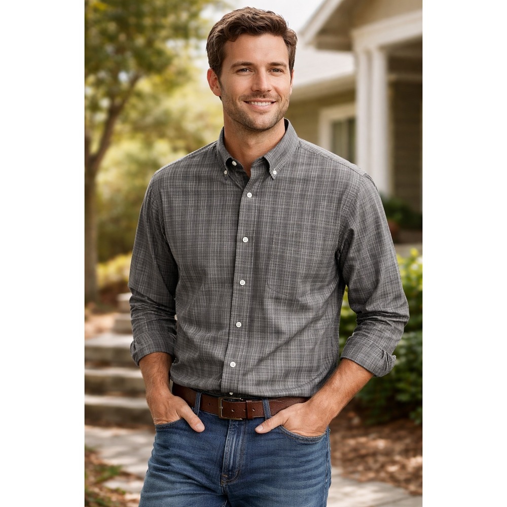 Eddie Bauer Mens L Wrinkle Free Classic Fit Plaid Button Down Shirt Gray Cotton